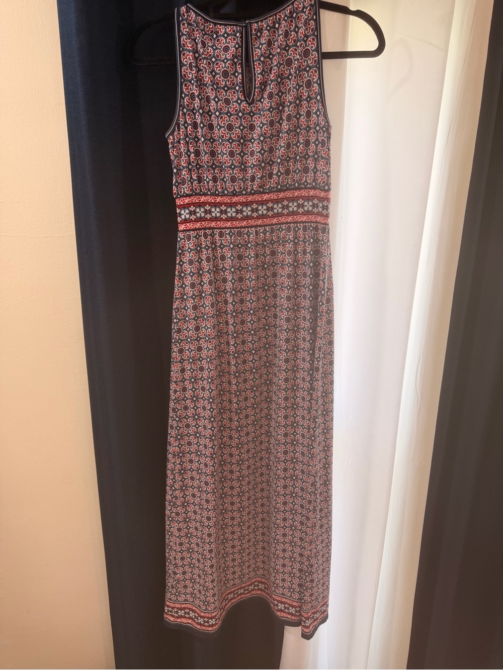 Sleeveless Navy and Red Printed Maxi Dress